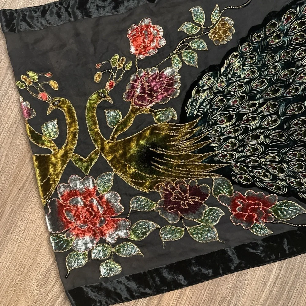 vintage Elegant Black Velvet fringe Scarf with Peacock and Floral Embroidery